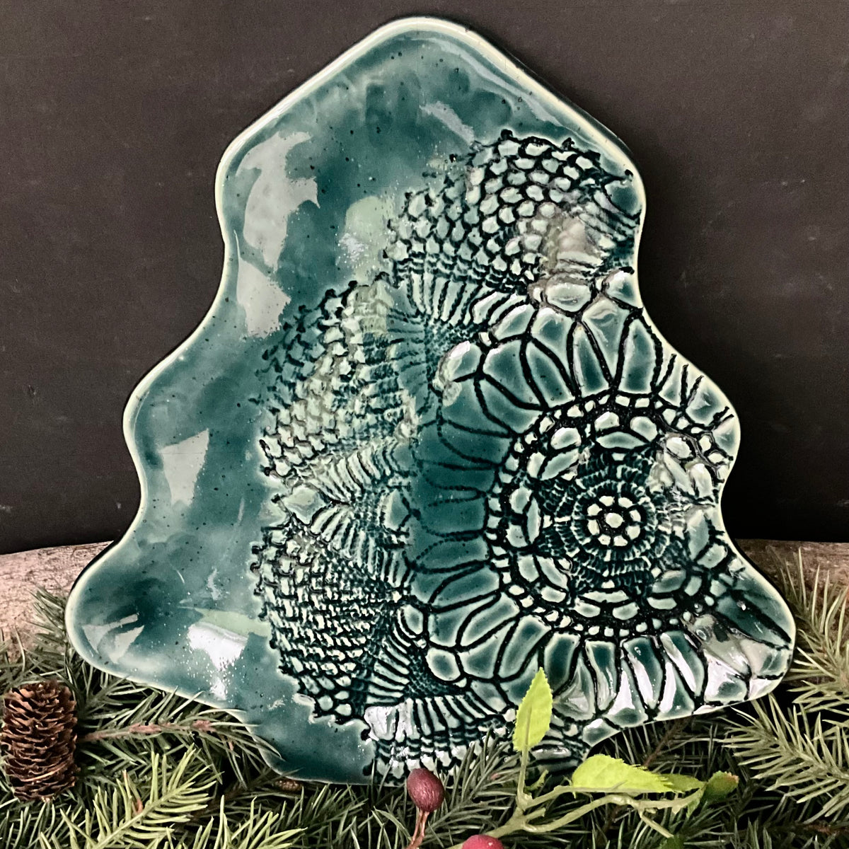 Large Green Christmas Tree Plate with Embossed Pattern in Dark Evergreen
