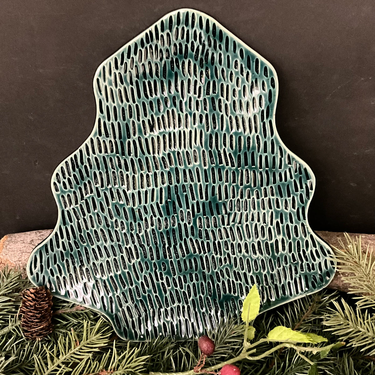 Large Green Christmas Tree Plate Incised Design in Dark Evergreen
