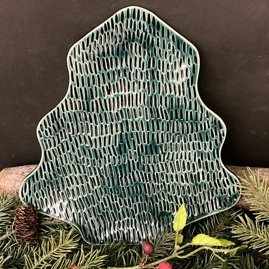 Large Green Christmas Tree Plate Incised Design in Dark Evergreen