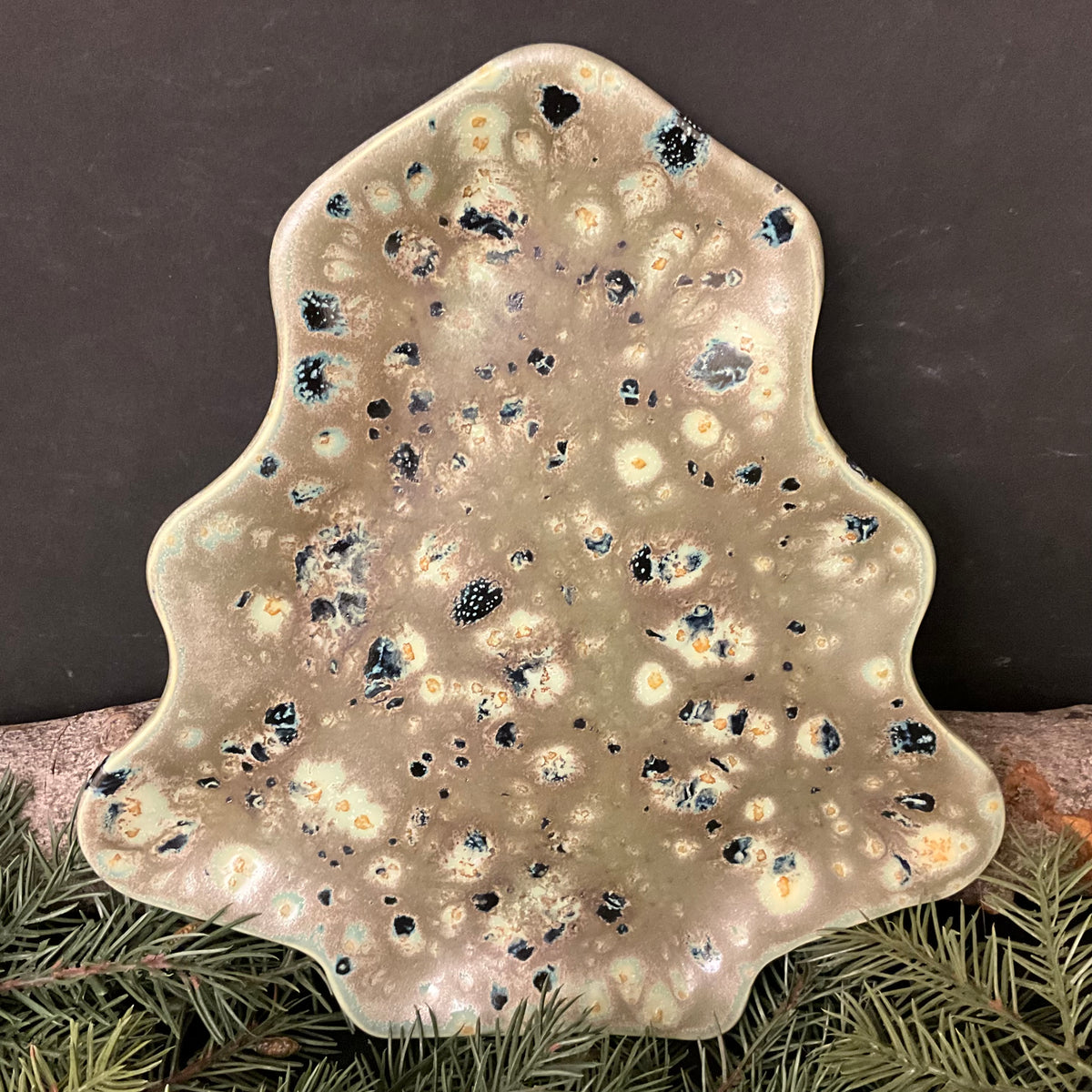 Large Christmas Tree Plate Olive with Midnight Blue Speckles