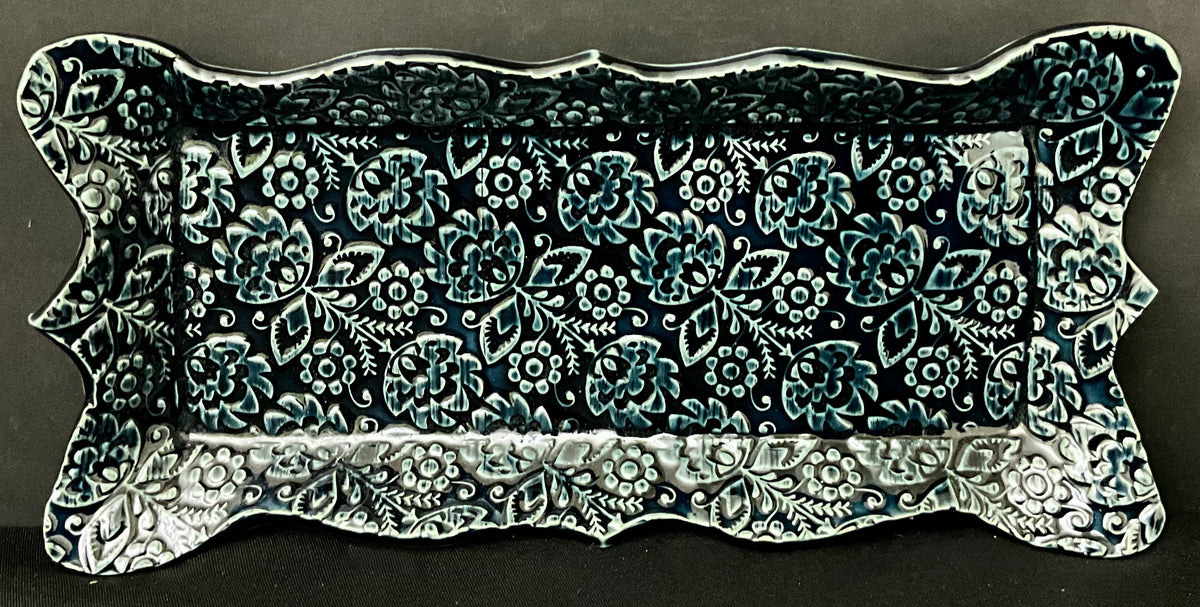 Prussian Blue Floral Embossed Tray with Scalloped Edge