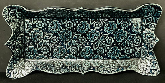 Prussian Blue Floral Embossed Tray with Scalloped Edge