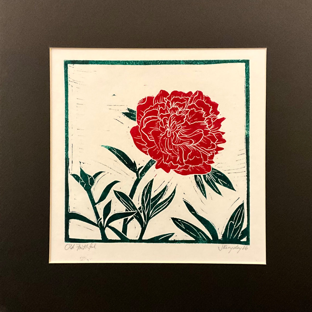 “Old Faithful” Hand Colored Rubber Block Print with Mat