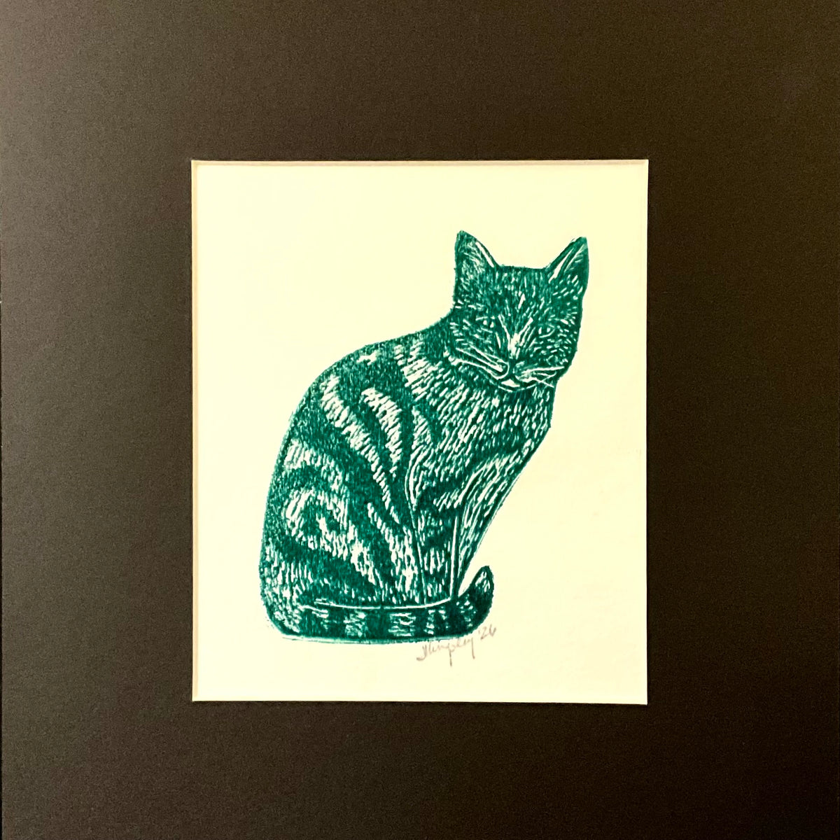 “Tabbycat”, Emerald Rubber Block Print with Black Mat