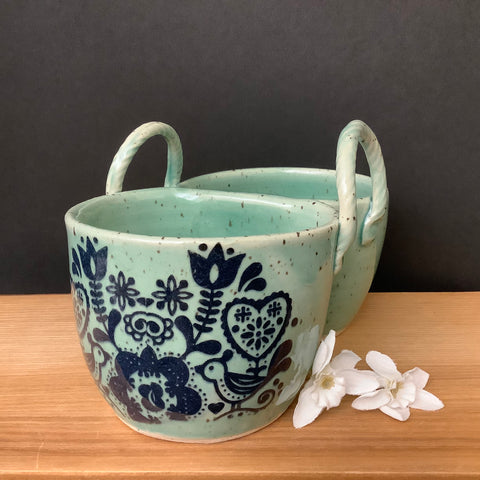 “Two Dip” Bowl Aqua w/ Blue Folk Flowers