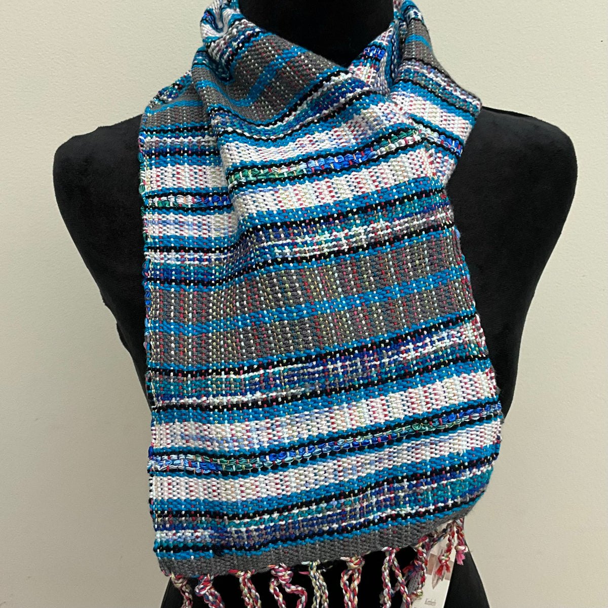 “Annabel” Scarf A144 in Blues on Grey & White multi