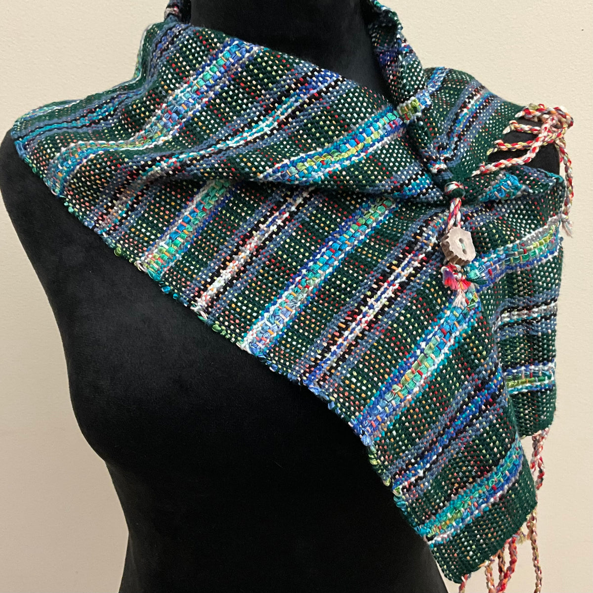 Handwoven “Dorothy” Button Scarf D123 in Hunter Green, Blue & Black