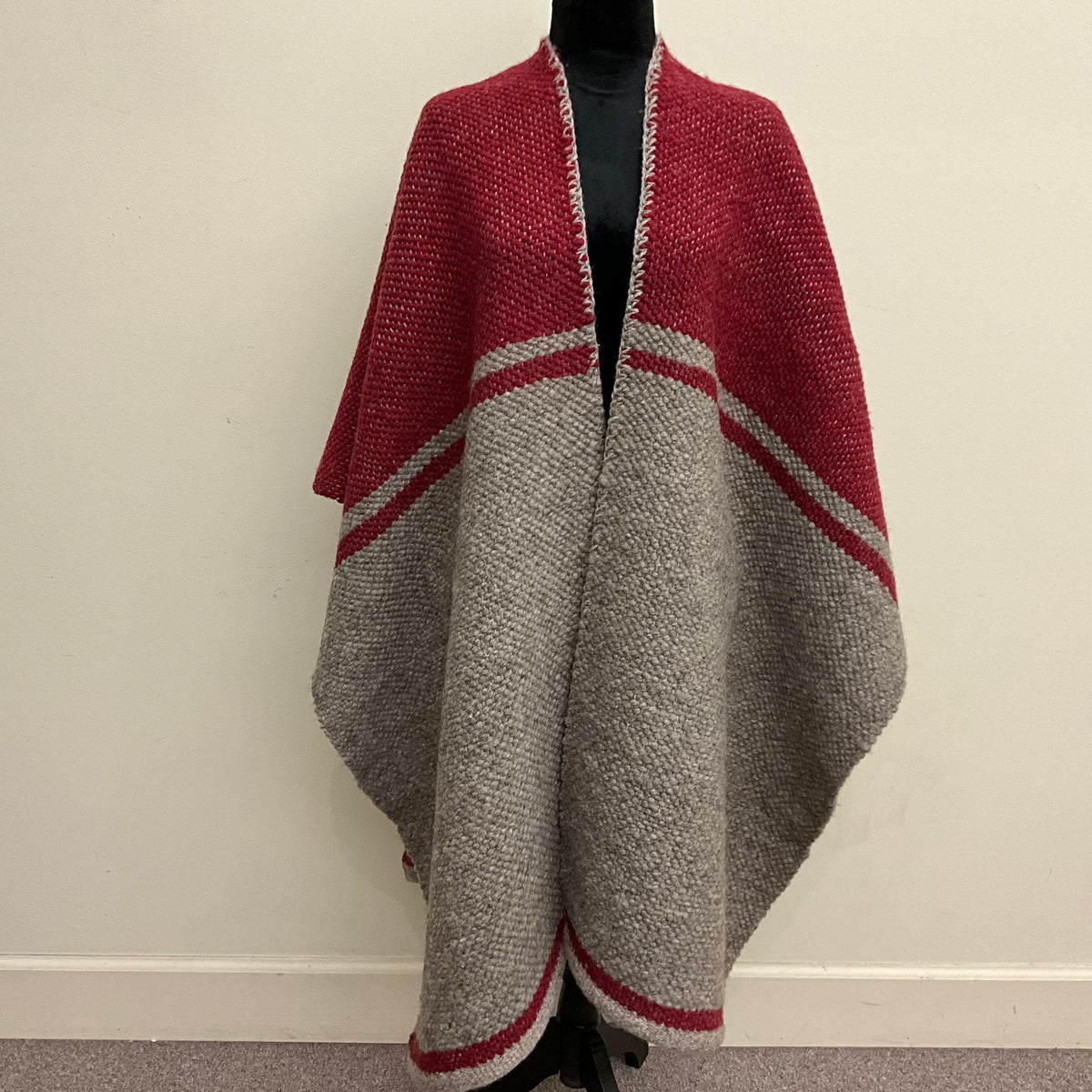 Hand Dyed, Handwoven Wool Open Front Poncho PF112 Red & Grey