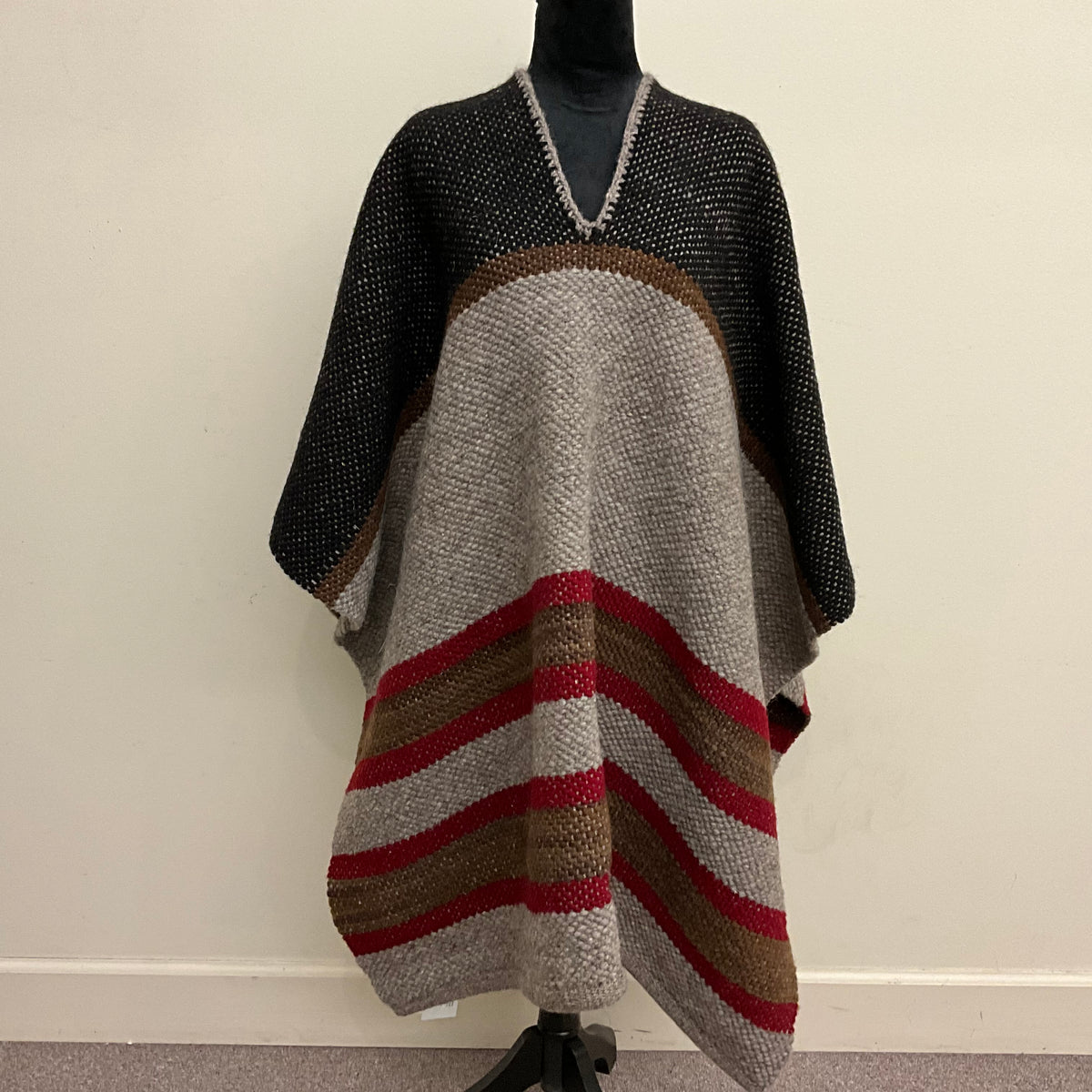 Hand Dyed, Handwoven Wool  Poncho PF133 Red, Brown, Grey
