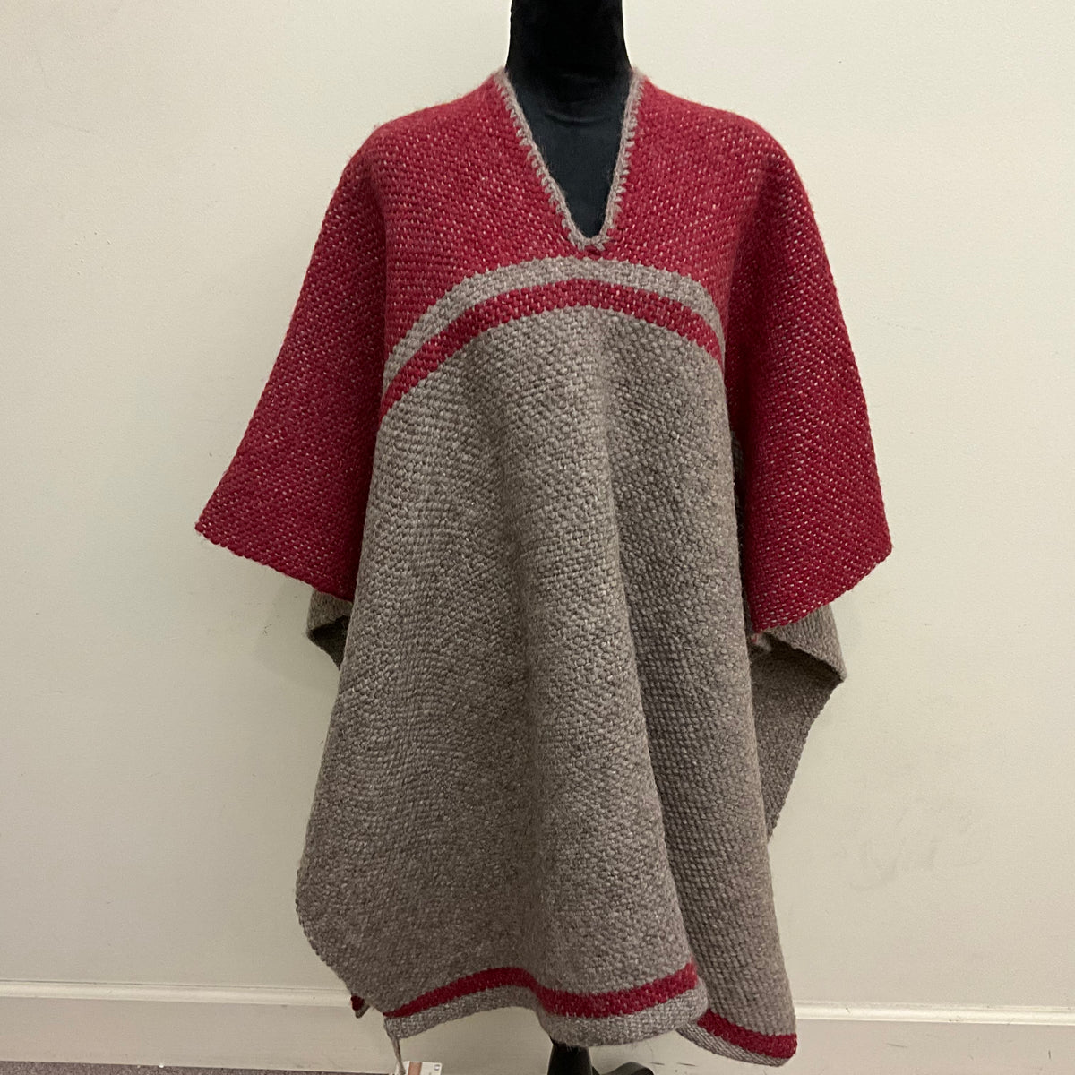 Hand Dyed, Handwoven Wool  Poncho PF108 Red & Grey