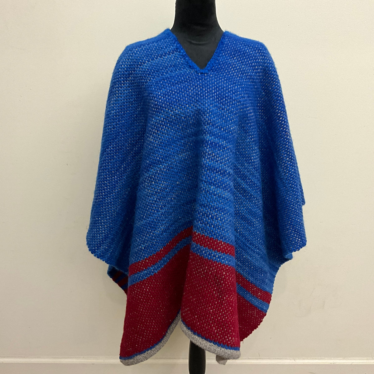 Hand Dyed, Handwoven Wool  Poncho PF136 Blue & Red