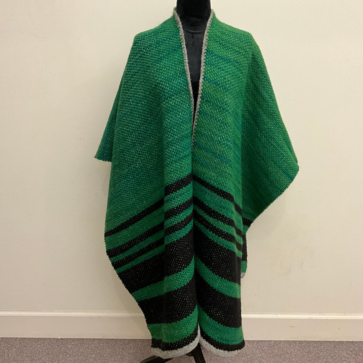 Hand Dyed, Handwoven Wool Open Front Poncho PF116 Green & Black