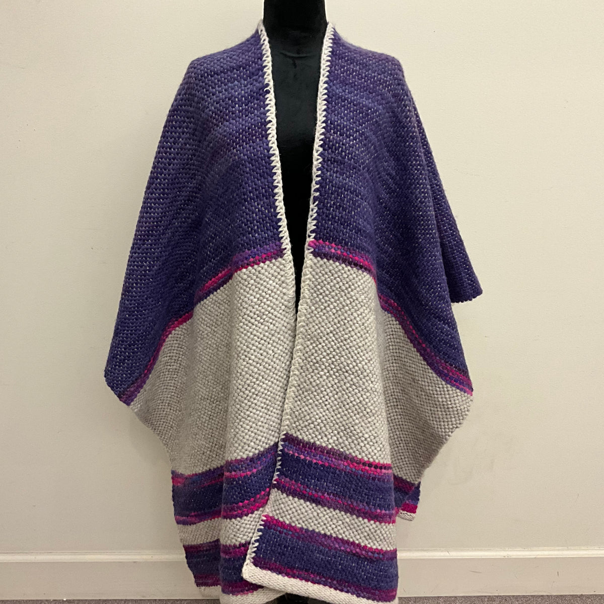 Hand Dyed, Handwoven pink, Purple & White Wool Open Front Poncho PF119