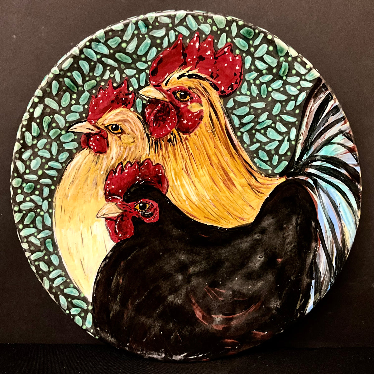 Large Round Platter with Hens & Rooster