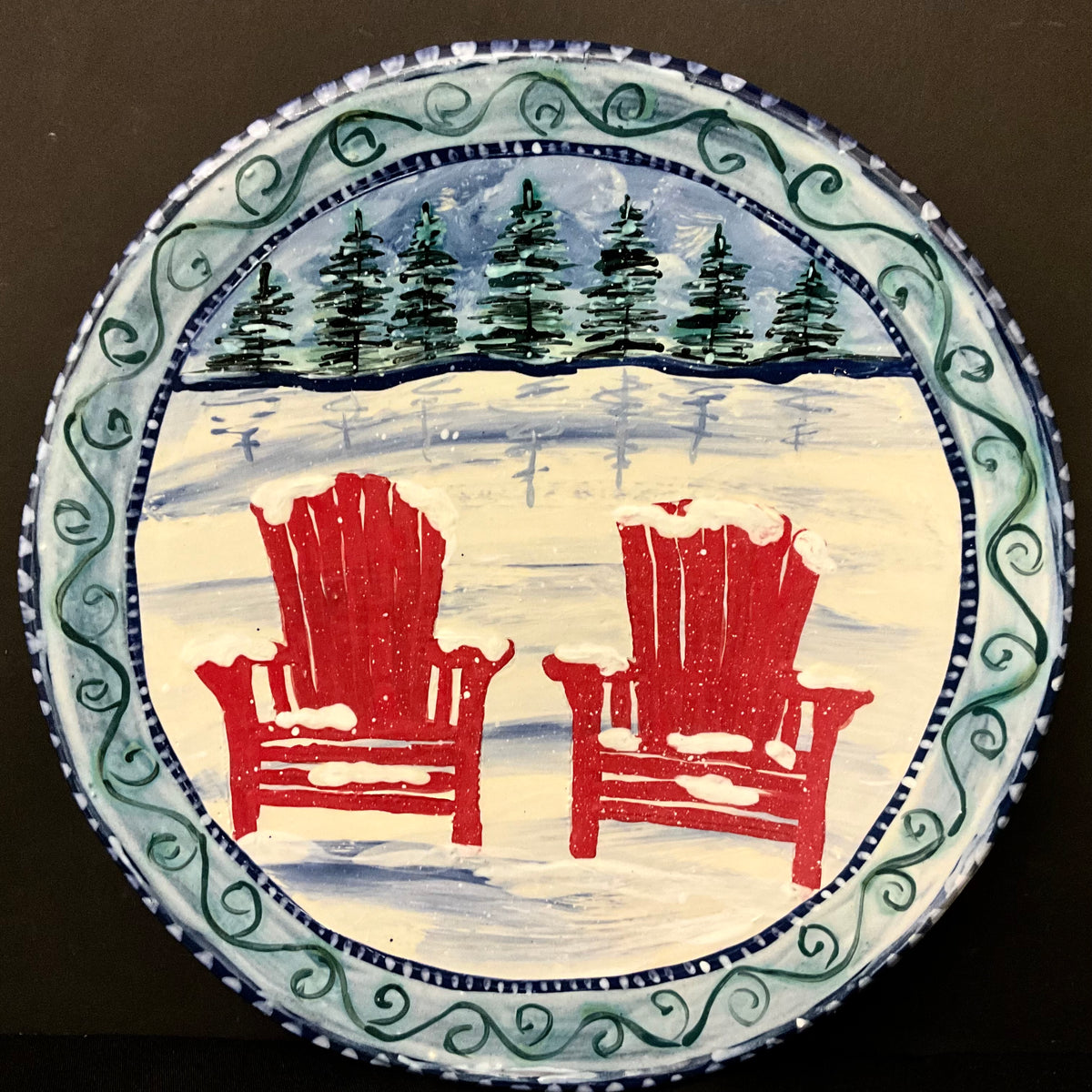Large Round Platter Winter Scene with Red ADK Chairs