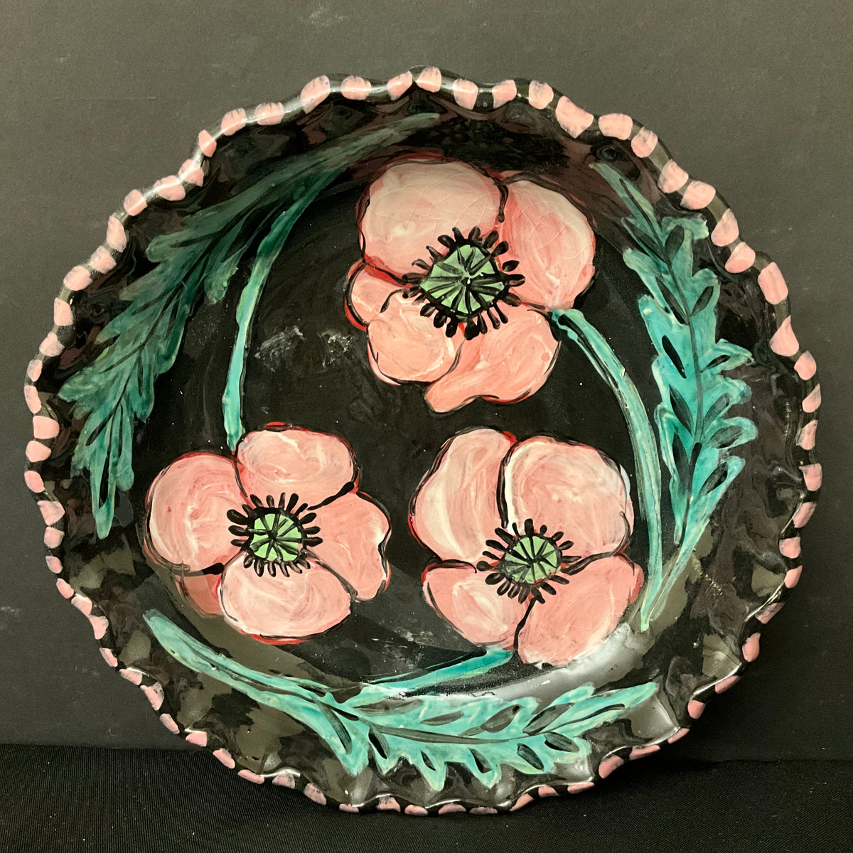 Pie Plate with Pink Poppies on Black