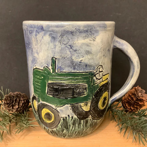 Carved Mug with Farm Tractors