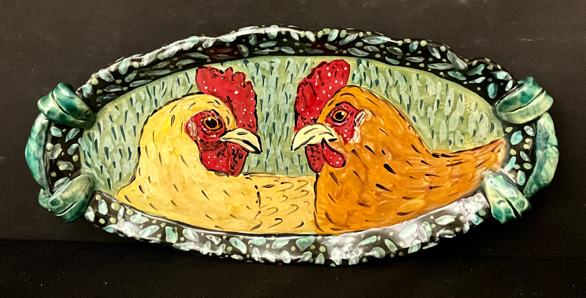 Oval Tray with Two Hens