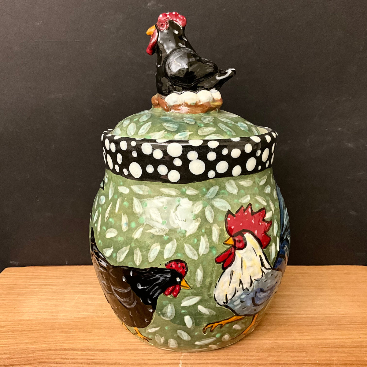 Lidded Jar Green with Roosters, Hens and Black Hen Finial