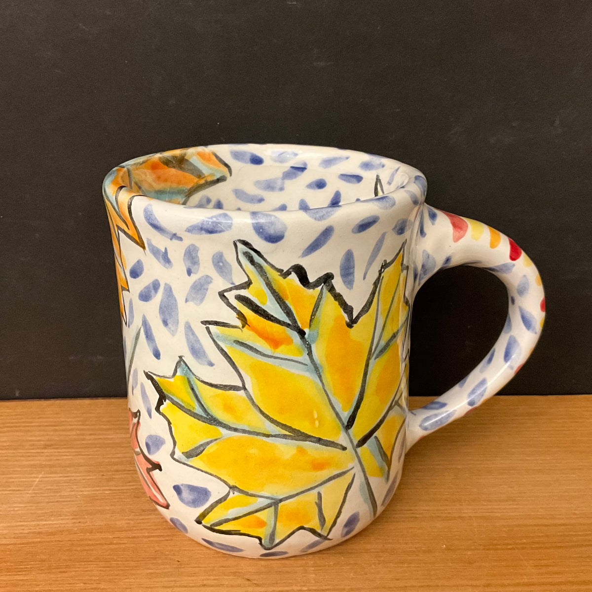 White Mug with Autumn Leaves & Blue Flecks