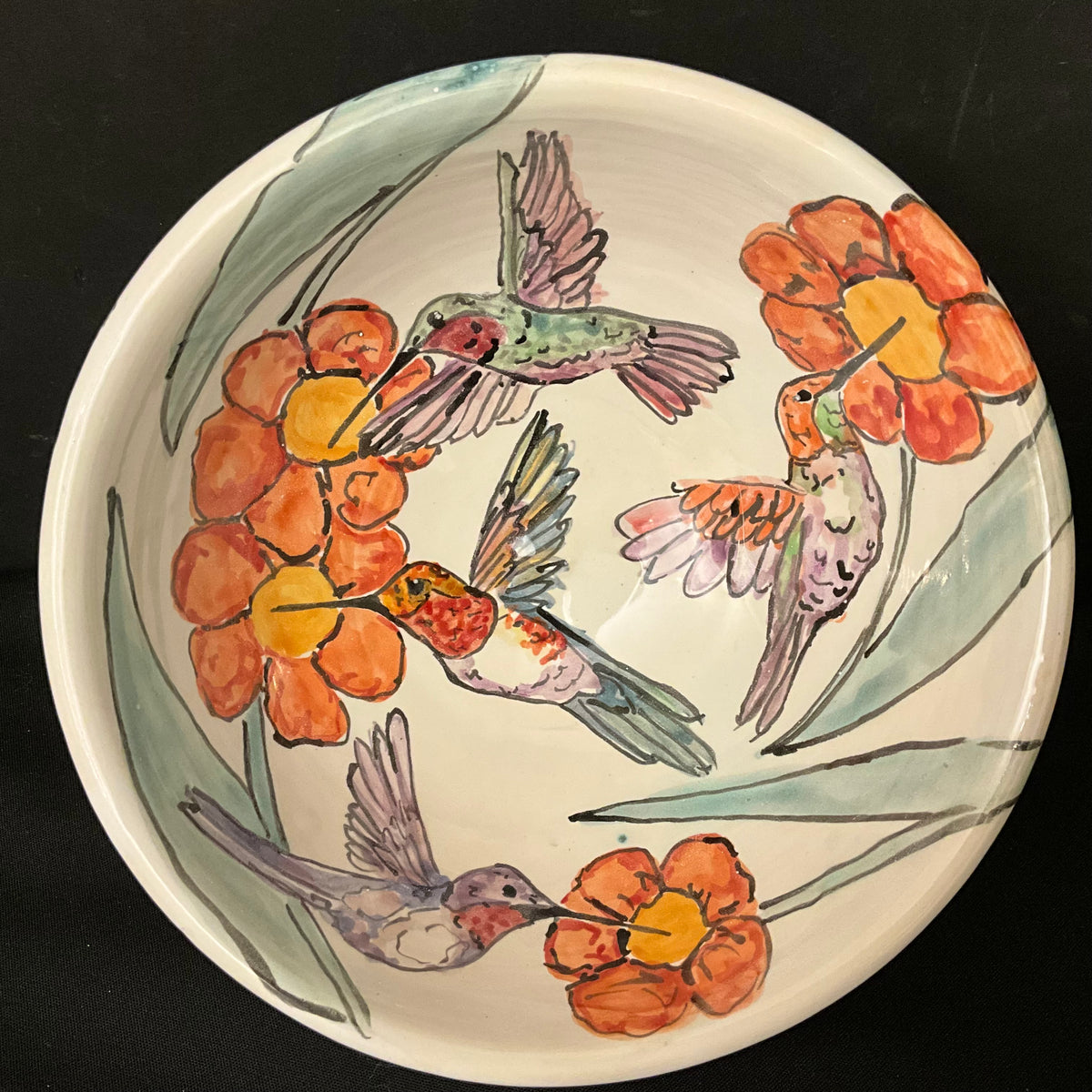 Bowl with Hummingbirds and Orange Flowers