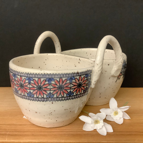 “Two Dip” Bowl in Cream w/ Red & Blue floral border