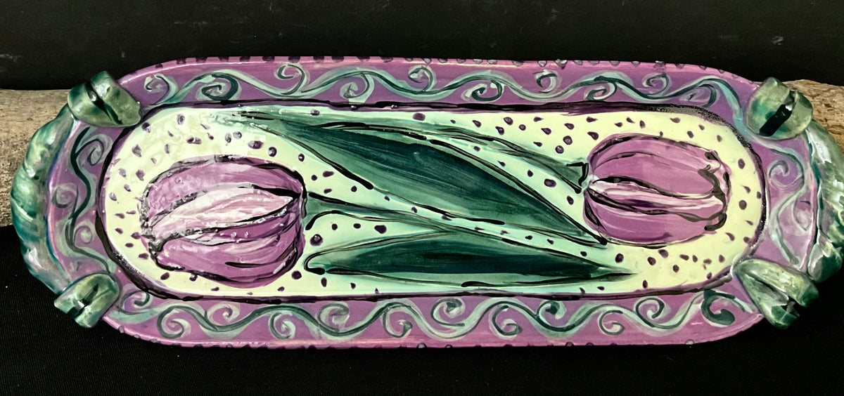 Narrow Tray with Purple Tulips