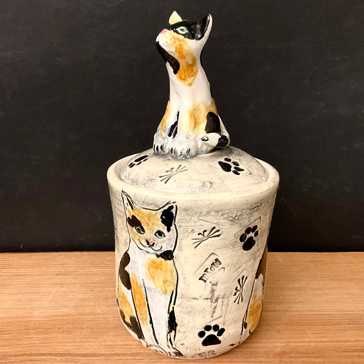 Lidded Jar Calico Cats with cat Finial