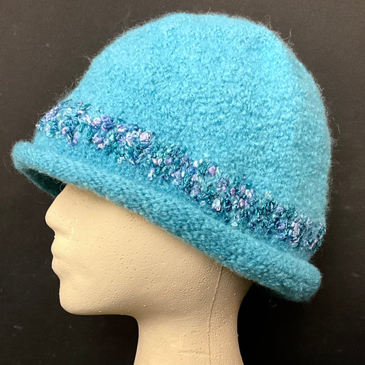 Hand Felted Wool Hat in Light Turquoise with Purple and Turquoise Muench Band