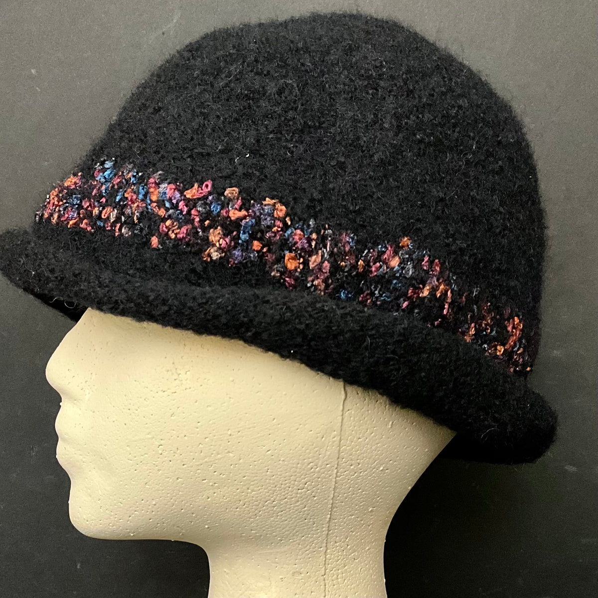 Hand Felted Wool Hat in Black with Orange and Blue Muench Band