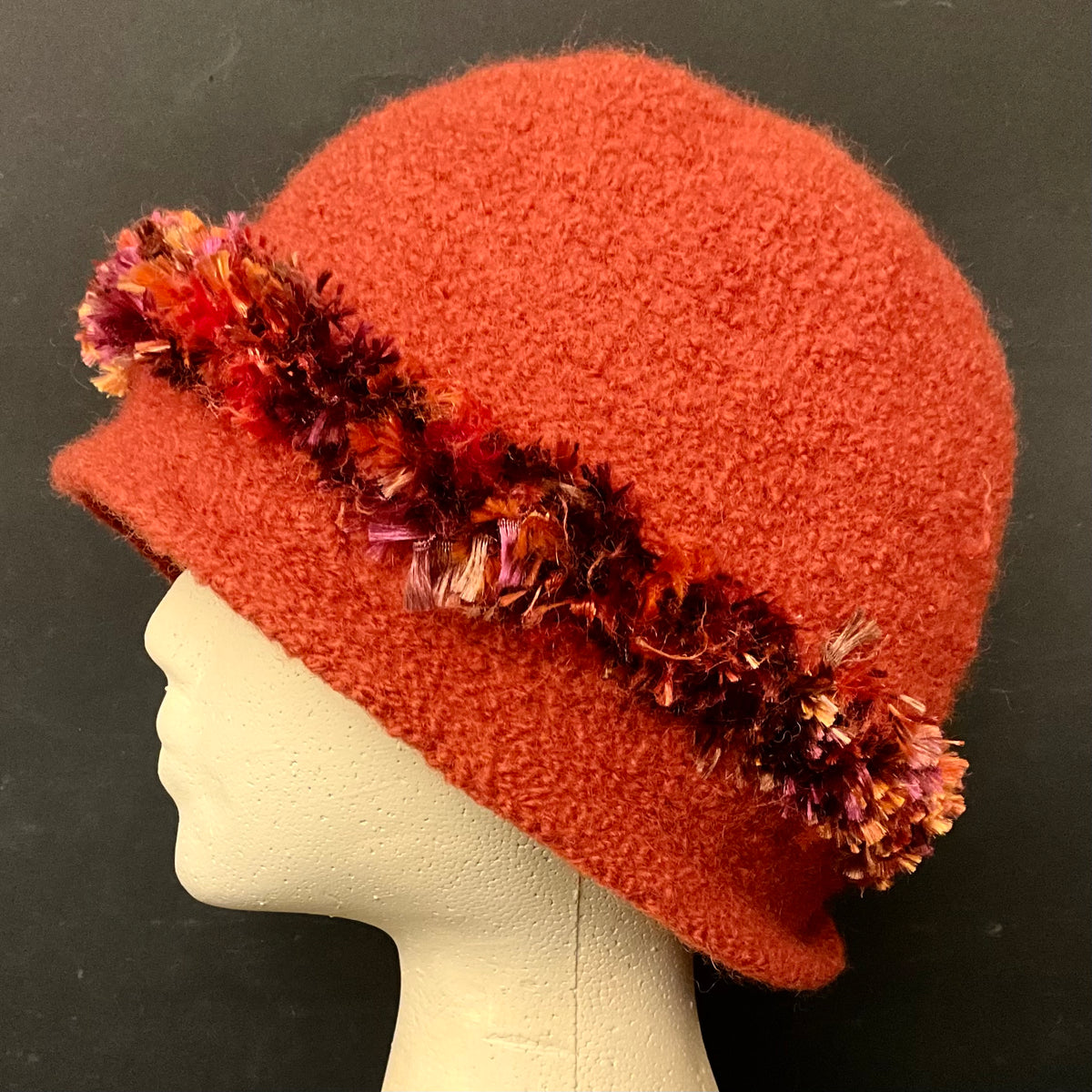 Hand Felted Wool Hat in Dark Orange with Orange Fringe Band