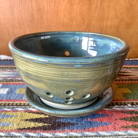 Footed Berry Bowl in Blue Gray w Olive Streaked Glaze