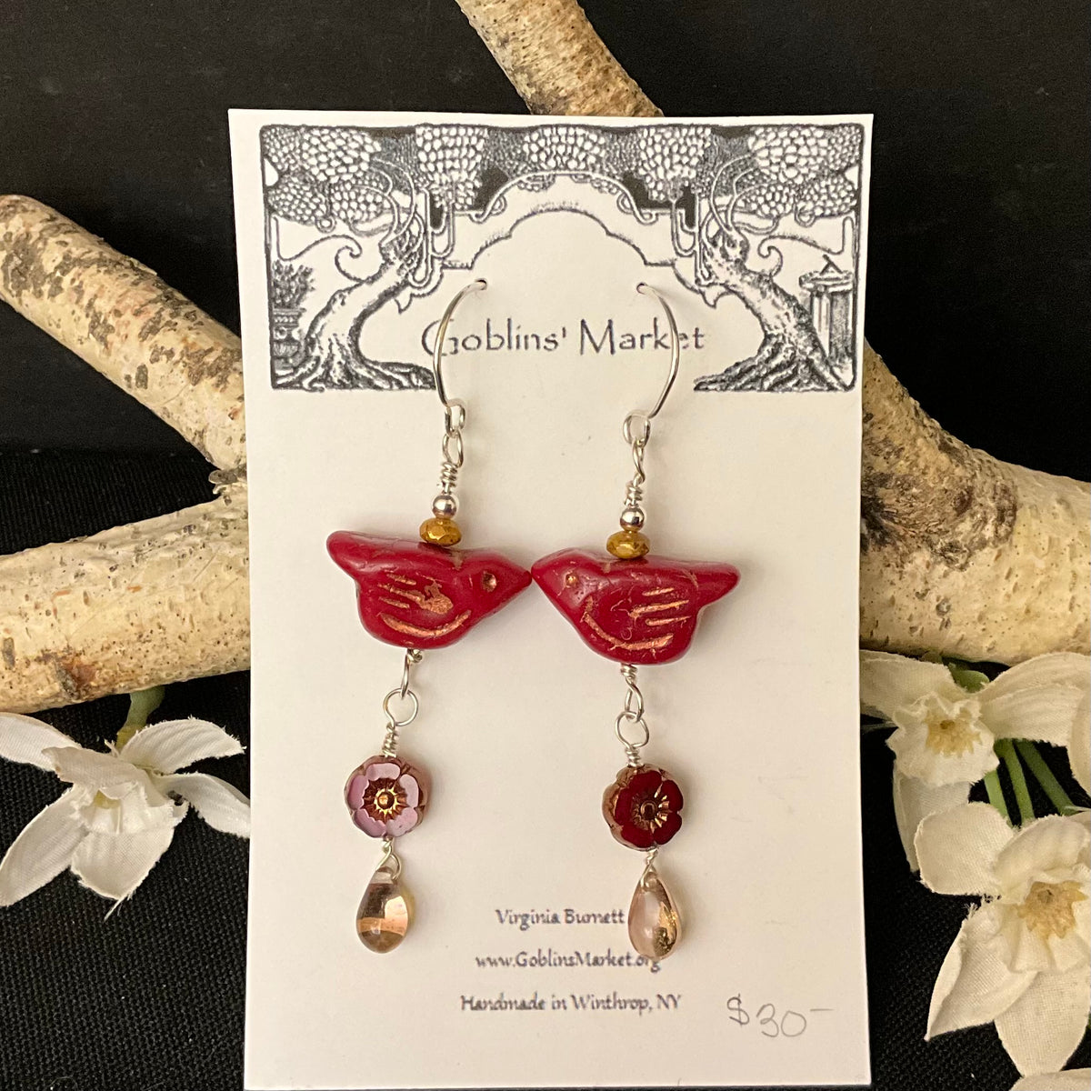 Bird Earrings in Auttmn Red with a Copper wash