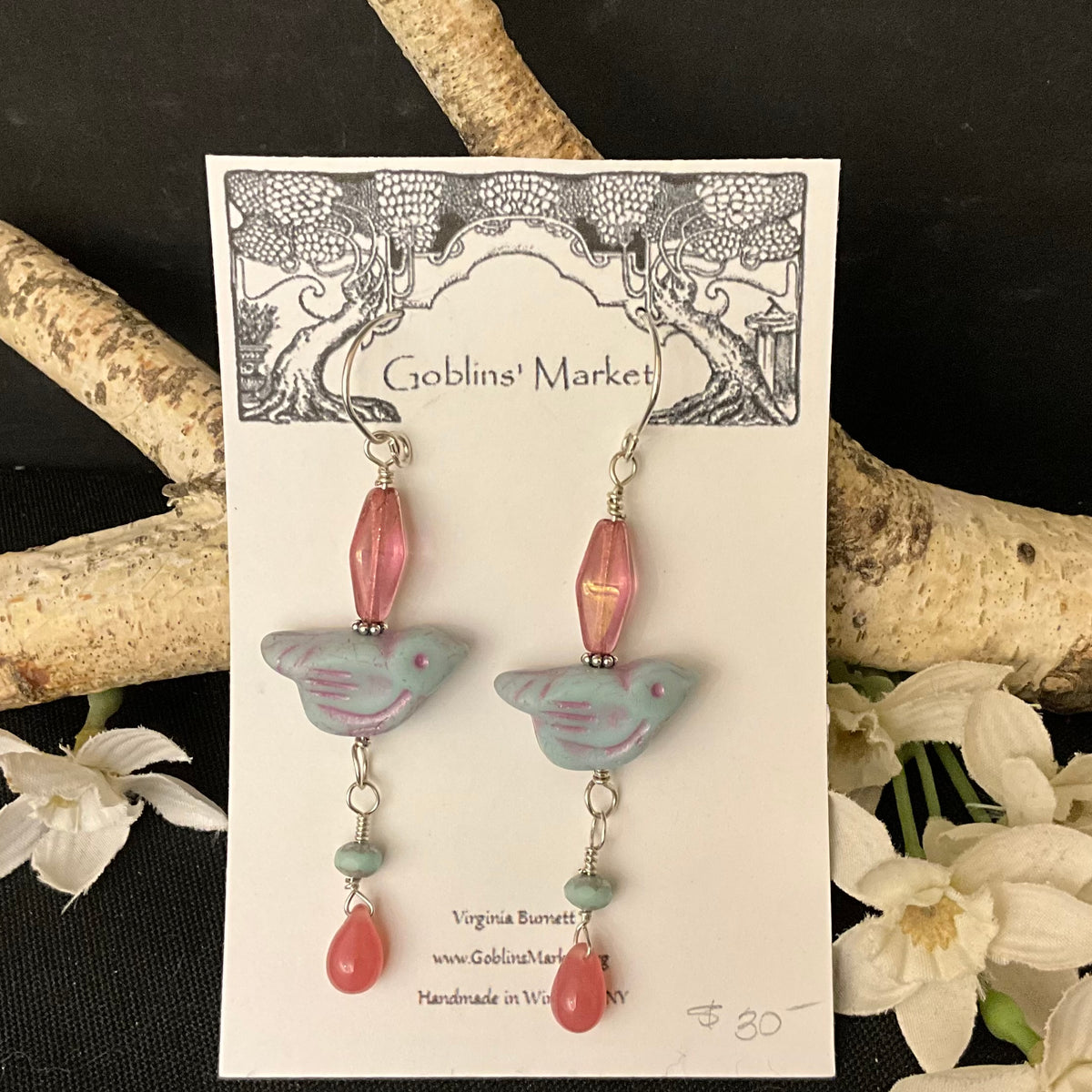 Bird Earrings in Sky Blue with a Pink wash
