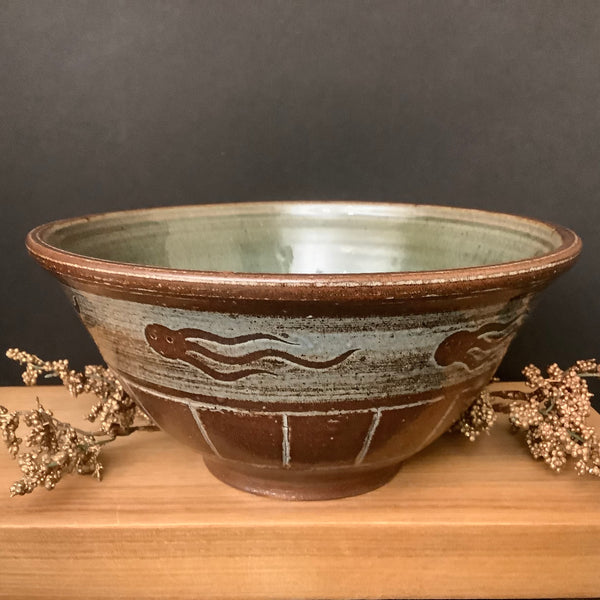 Medium Salt Glazed Bowl - Brown & Olive w/ 3 tentacle creature