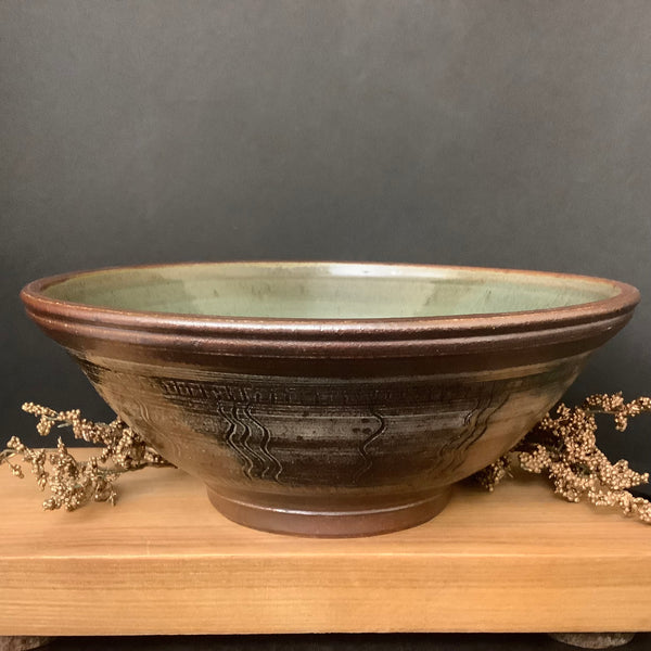 Large Salt Glazed Bowl - Brown w/ Olive int