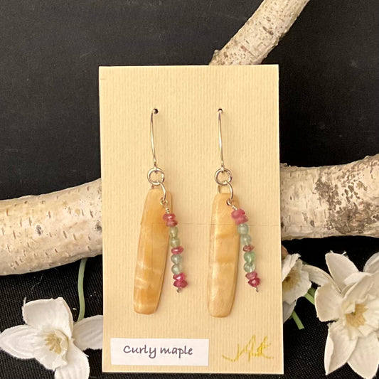 Curly Maple Earrings with Aquamarine and Tourmaline Beads #306