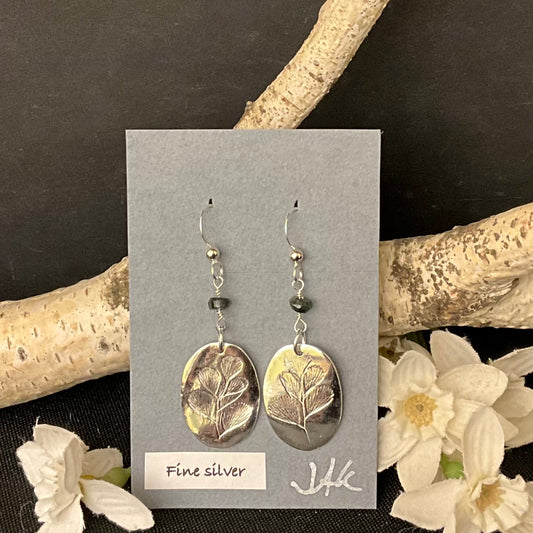 Ferns Imprinted on Fine Silver Earrings with Tourmaline Beads #330