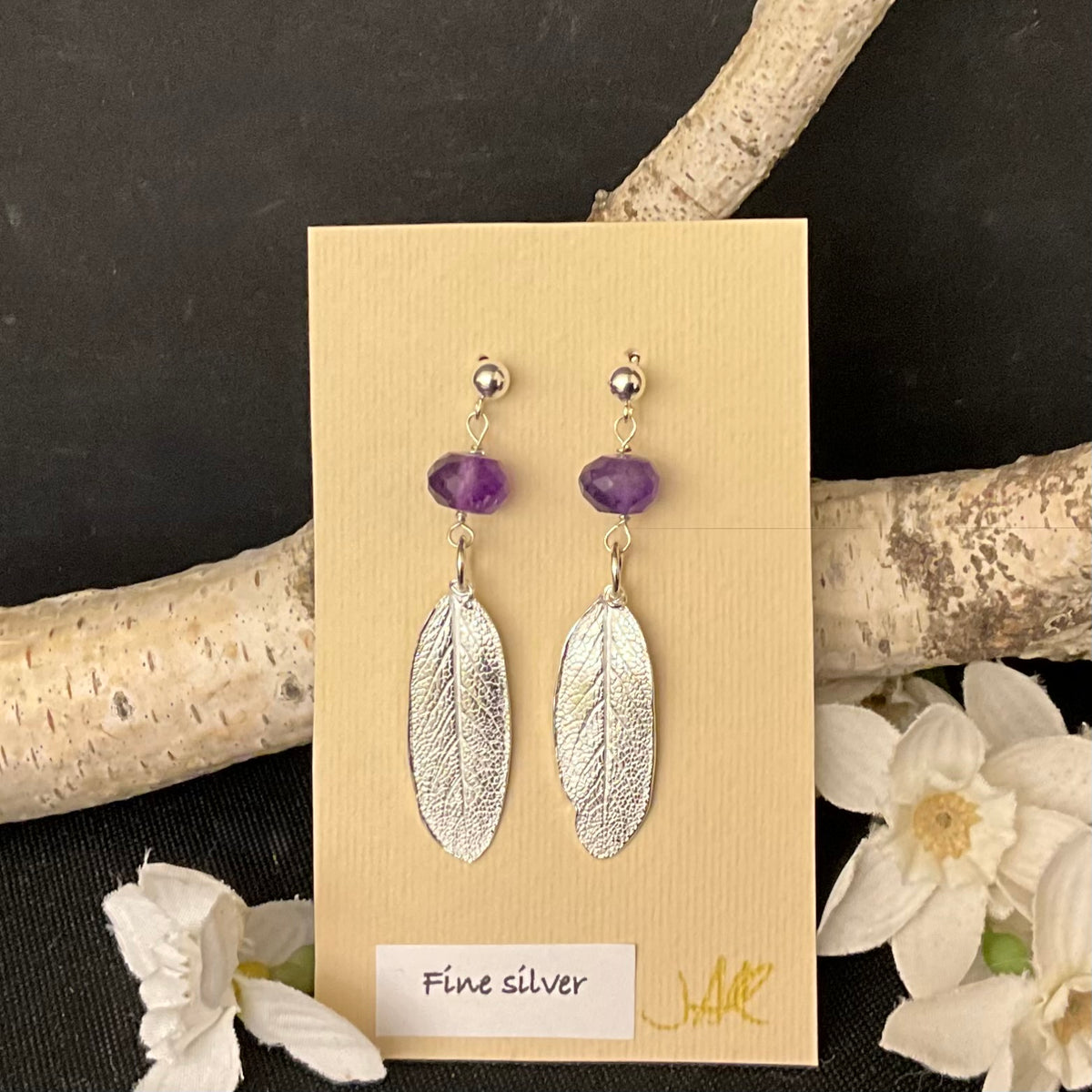 Fine Silver Sage Leaf Earrings with Amethyst Beads #331