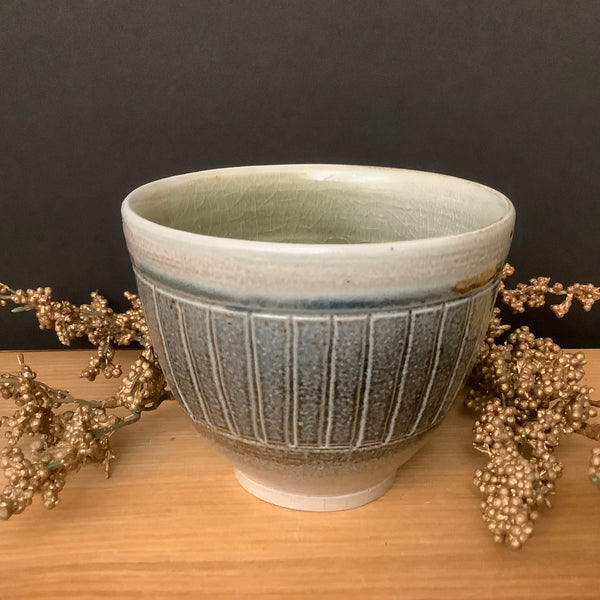 Salt Glazed Tea Bowl Blue Stripes