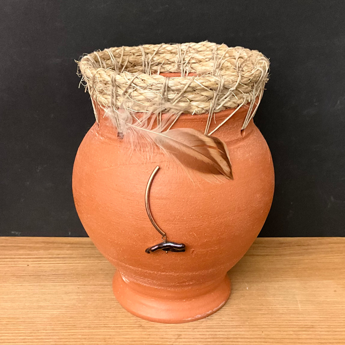 Red Earthenware Vase with Woven Rim, Feather and Bead on Copper Wire
