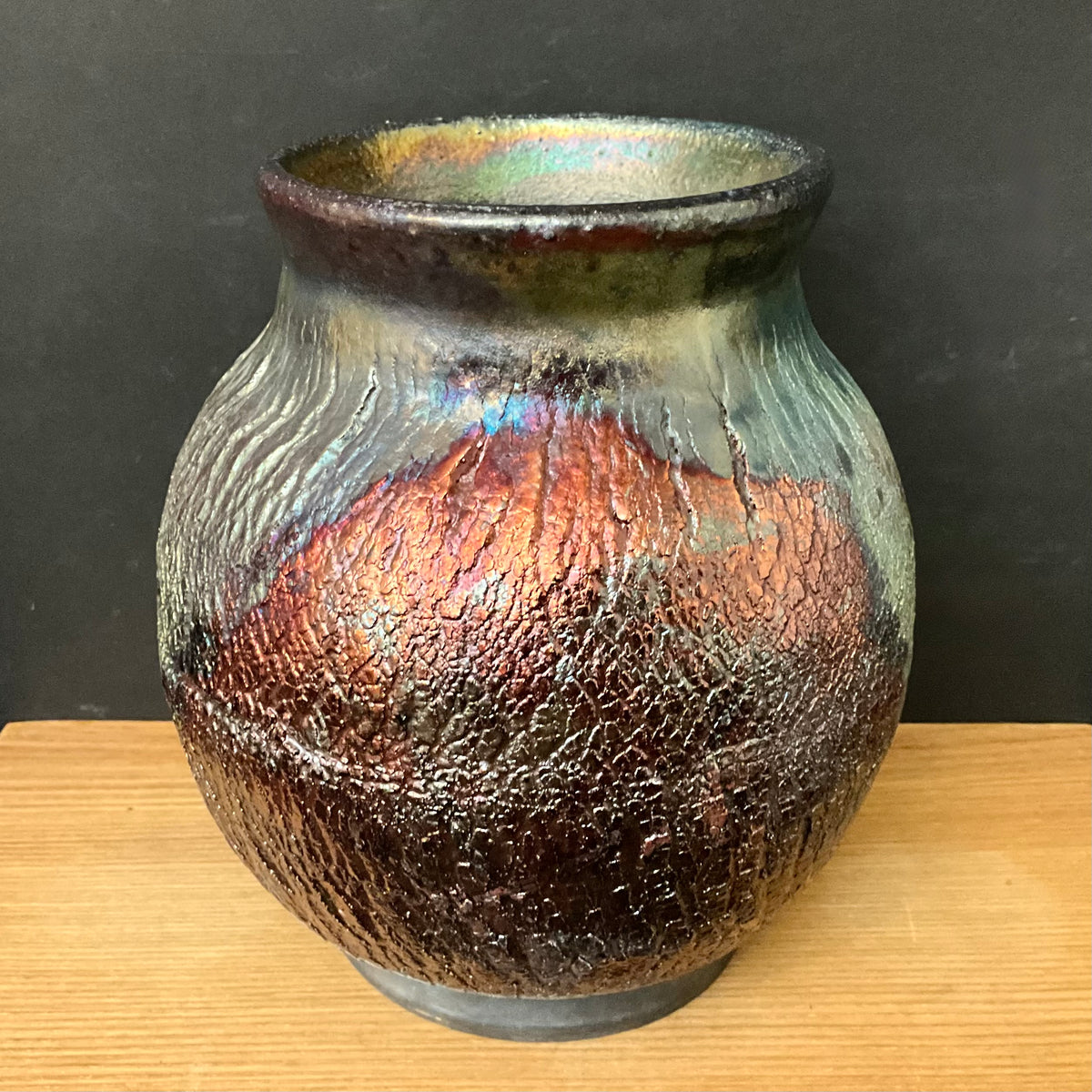 Large Raku Vase with Copper on Iridescent Blue/Green