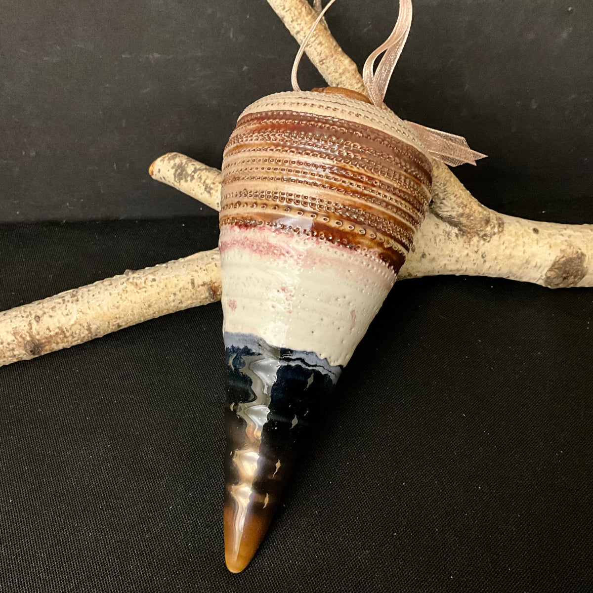 Ceramic Incised Finial Ornament in Midnight Blue, White & Browns