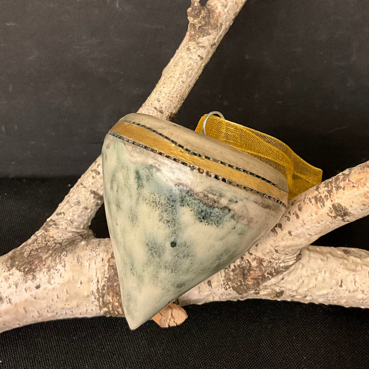 Ceramic “Top” Shaped Ornament in Green, White & Gold