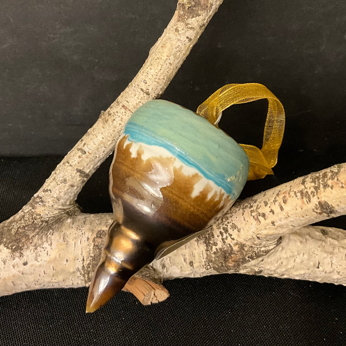 Ceramic “Top” Shaped Ornament in Turquoise, White & Dark Copper