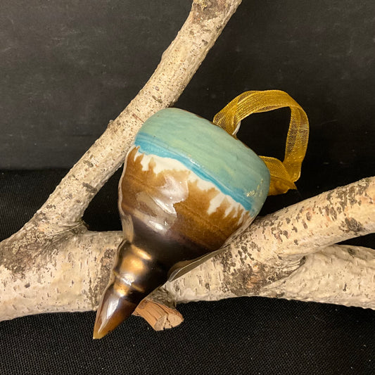Ceramic “Top” Shaped Ornament in Turquoise, White & Dark Copper
