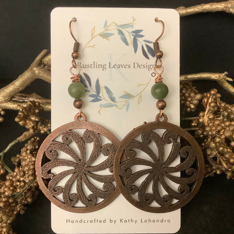 Copper Wheel Earrings with Jade Bead