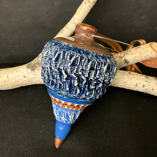 Carved Ceramic Finial Ornament in Blues & Brown