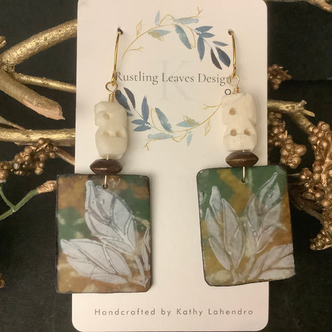 Jungle Leaves with Ivory Bead Earrings