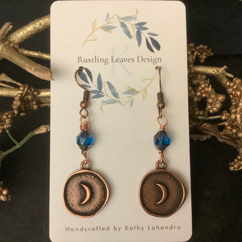 Copper Moon Disc Earrings with Teal Glass Bead